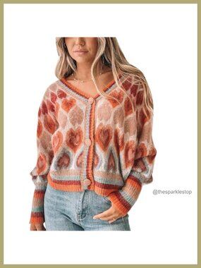 Womens Cute Heart Print Sweater Cardigan Button Open Front Cropped Knit
